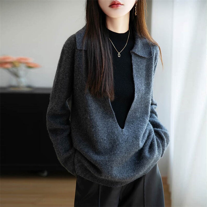 松弛感纯羊毛翻领针织衫女25新款宽松休闲保暖外套毛衣设计感上衣,女装羊毛衫,越洋羊