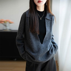 松弛感纯羊毛翻领针织衫女25新款宽松休闲保暖外套毛衣设计感上衣，女装羊毛衫，越洋羊