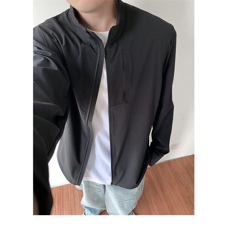 黑色网眼原纱立领防晒衣男夏季美式运动跑步轻量薄款透气防晒外套，男装防晒衣，星座601-1