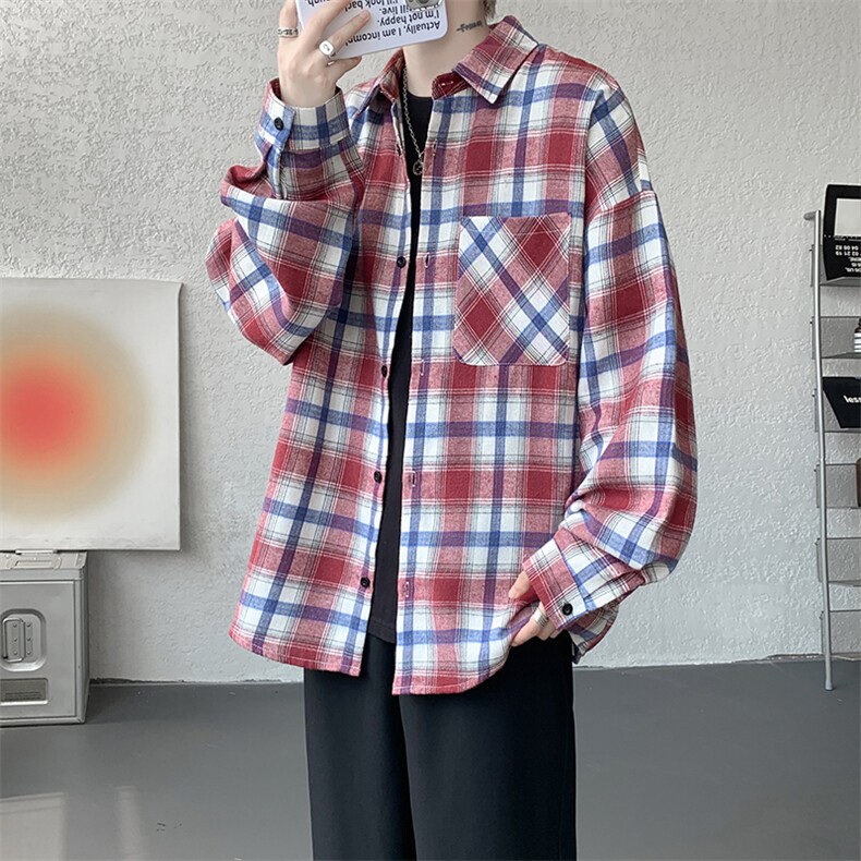 衬衫男秋季新款港风宽松大码磨毛格子长袖衬衣CS6639-P35,男装衬衫,星座214-3