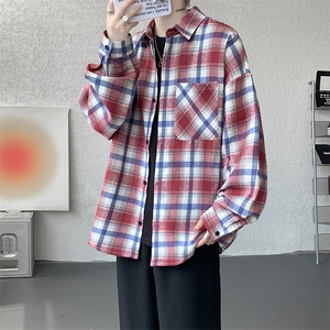 衬衫男秋季新款港风宽松大码磨毛格子长袖衬衣CS6639-P35图片