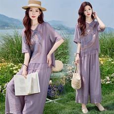 时尚印花棉麻阔腿裤套装女2025夏季新款气质松弛感穿搭麻料两件套，女装套装/套裙，魅影