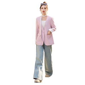 欧货精品轻奢女2025春季v领蕾丝边拼接带飘带休闲西服外套小西装图片