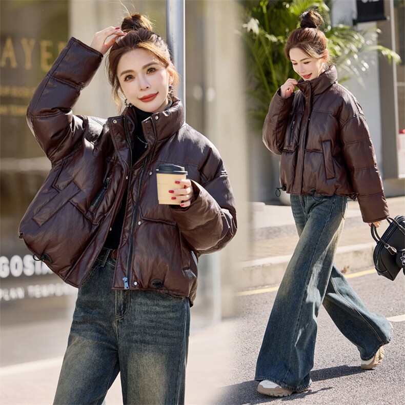 时尚短款PU皮立领羽绒服女2026冬季新款休闲保暖白鸭绒面包服外套，女装羽绒服，意芙