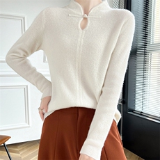 24秋冬100羊毛衫女新中式立领盘扣针织打底毛衣宽松长袖衫，女装羊毛衫，朝辰羊绒