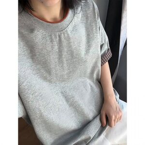 夏季纯棉撞色格子翻边设计短袖tee男女同款文艺时尚休闲T恤 TX01图片
