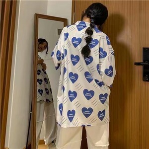 爱心印花短袖衬衫女复古bf港味宽松西装领设计感韩版衬衣女夏图片
