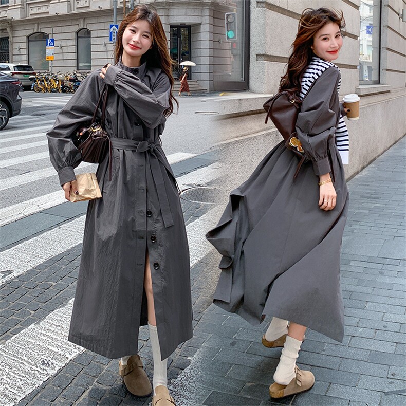 复古氛围立领压褶腰带风衣外套女2025春秋季新款显瘦气质长款外套，女装风衣，纯色衣恋