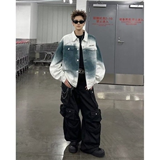 美式小众喷染牛仔夹克男春秋季潮牌复古嘻哈工装休闲宽松翻领外套，男装夹克，星座506