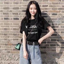韩版修身休闲宽松显瘦圆领字母印花简约短袖T恤，女装T恤，L·H·X