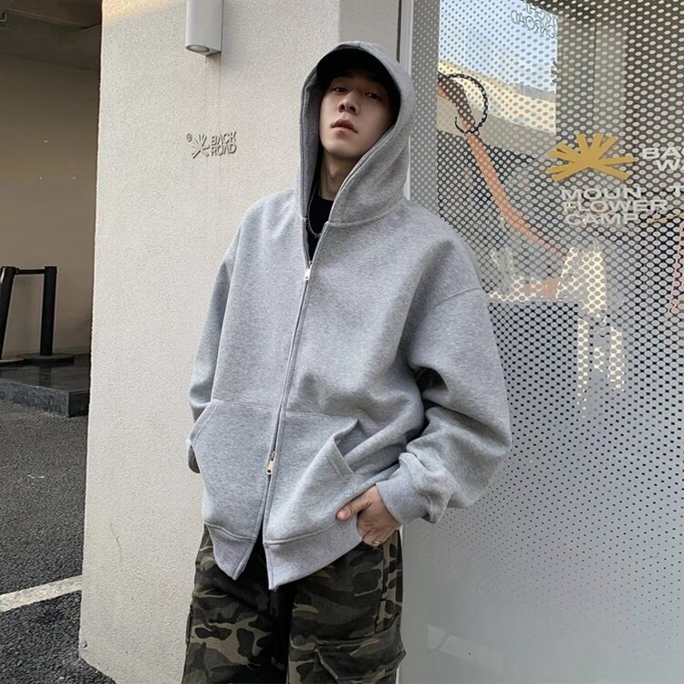 浅灰色双拉链开衫卫衣男款秋季重磅连帽外套美式潮牌帽衫,女装短外套,星座218-8