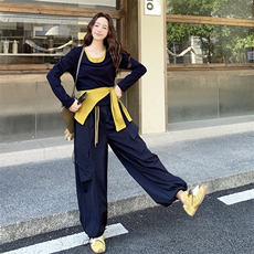 藏青色又a又飒披肩显瘦t恤套装女秋季2025新款工装阔腿裤两件套，女装套装/套裙，2C129