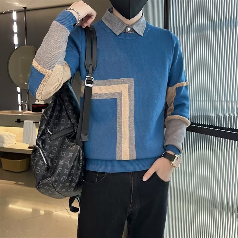 社会小伙春秋假两件衬衫领毛衣男韩版打底针织衫男外套M3347,男装针织衫/毛衣,星座1116A-2（原606A-1）
