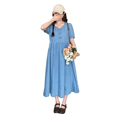 现货泡泡袖新中式牛仔连衣裙C258-2593-P130K188，女装连衣裙，2C258