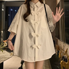 D626-P55蝴蝶结盘扣新中式风短袖衬衫夏季纯色宽松上衣，男装衬衫，星座911