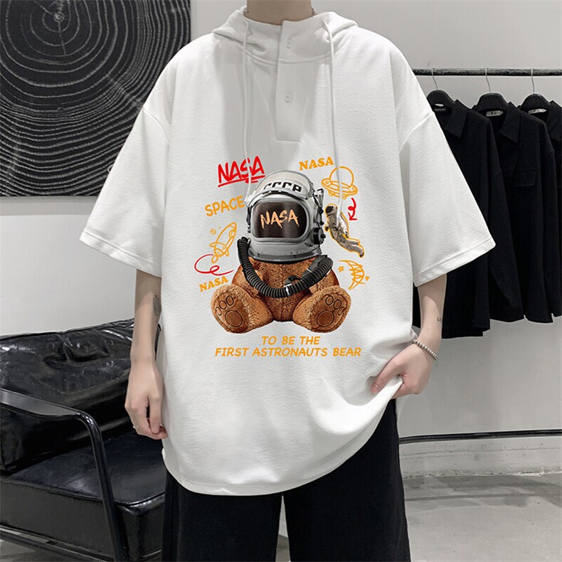 LD54281-P45NASA 连帽短袖t恤男大码胖子带帽五分袖中袖图片