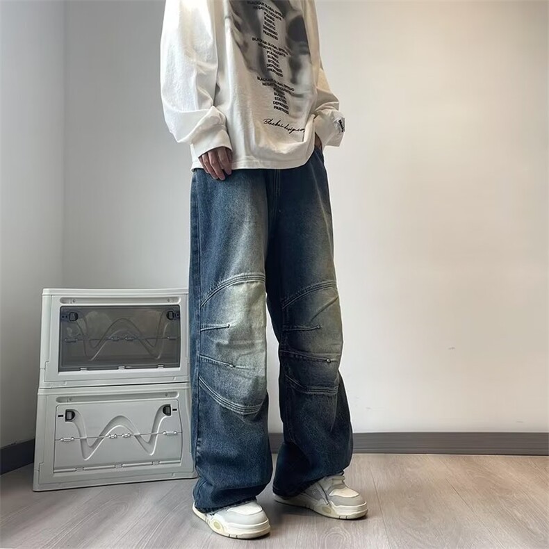 美式水洗做旧牛仔裤男士2024秋季新款潮流渐变设计感高级直筒长裤,男装牛仔裤,星座716-2