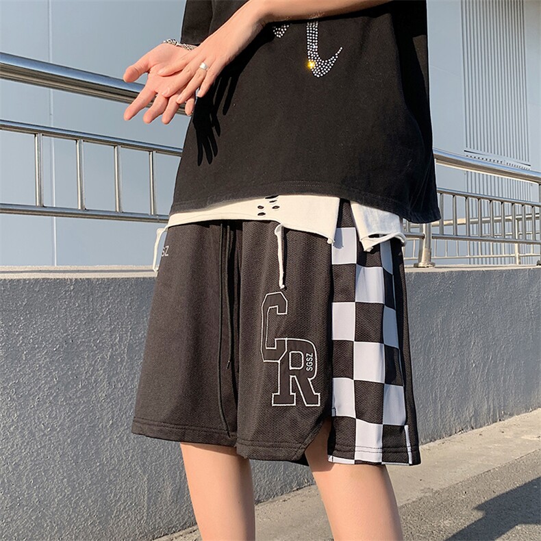 棋盘格拼接短裤抽绳运动裤情侣夏季五分裤宽松休闲男女DK017-P28,男装休闲裤,星座308B-1