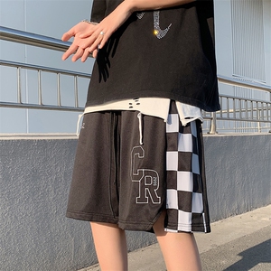 棋盘格拼接短裤抽绳运动裤情侣夏季五分裤宽松休闲男女DK017-P28图片