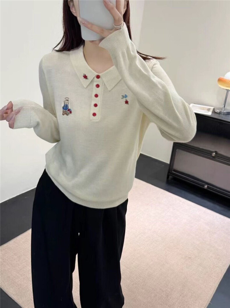 2025精仿羊毛刺绣小熊长袖POLO领羊绒衫，女装针织衫/毛衣，晨旭羊绒