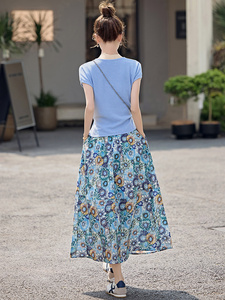 轻熟风休闲连衣裙套装女2025夏季新款气质短袖碎花半身裙子两件套图片