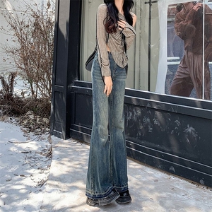 美式复古高腰微喇牛仔裤女春季新款不贴腿宽松显瘦阔腿喇叭裤子潮图片