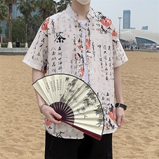 盘扣花纹短袖衬衫男复古唐装新中式风衬衣潮7010P40，男装衬衫，电商A056