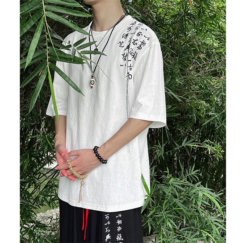 现货新中式书法刺绣棉麻圆领T恤衫短袖上衣A021-T062-p35,男装T恤,电商A021