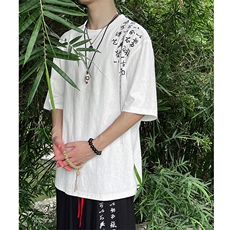 现货新中式书法刺绣棉麻圆领T恤衫短袖上衣A021-T062-p35，男装T恤，电商A021