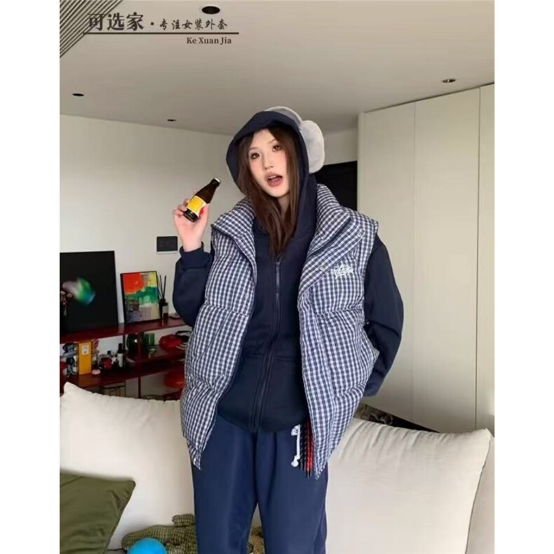现货冬季美式复古马甲宽松立领格子坎肩加绒加厚棉服潮MJ02/P50,男装棉衣,星座205-3