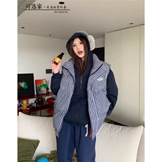 现货冬季美式复古马甲宽松立领格子坎肩加绒加厚棉服潮MJ02/P50，男装棉衣，星座205-3