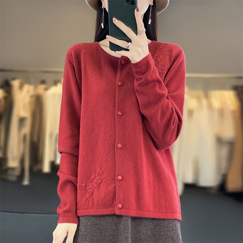 100%纯羊毛开衫女秋冬新款圆领绣花针织毛衣长袖宽松显瘦羊绒外套,女装羊毛衫,江南羊绒