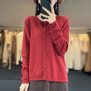 100%纯羊毛开衫女秋冬新款圆领绣花针织毛衣长袖宽松显瘦羊绒外套图片