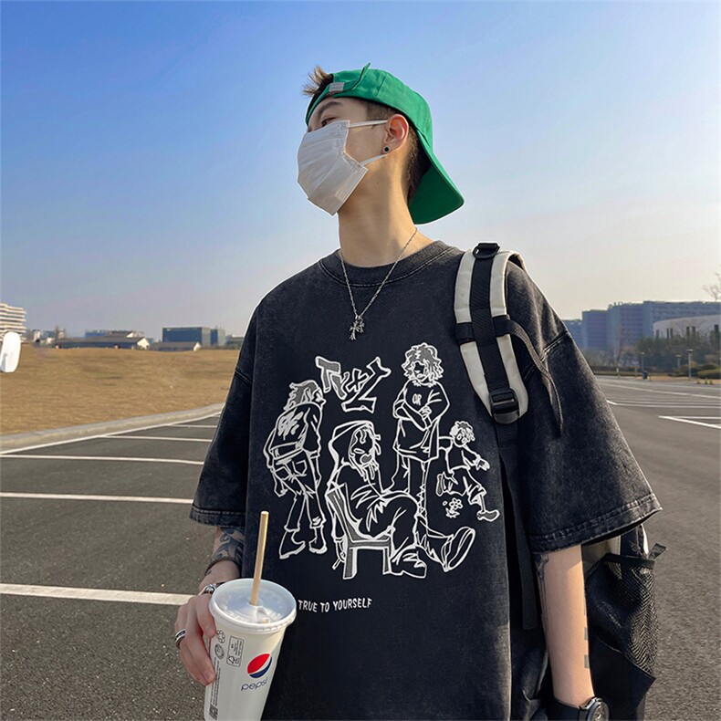 直播品质重磅240克美式复古蜡染水洗做旧宽松短袖t恤T1165-P38,男装T恤,电商A486