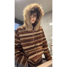 可拆卸毛领加绒卫衣慵懒风撞色条纹潮流男女DZ51213-TP75158，男装卫衣，电商A102