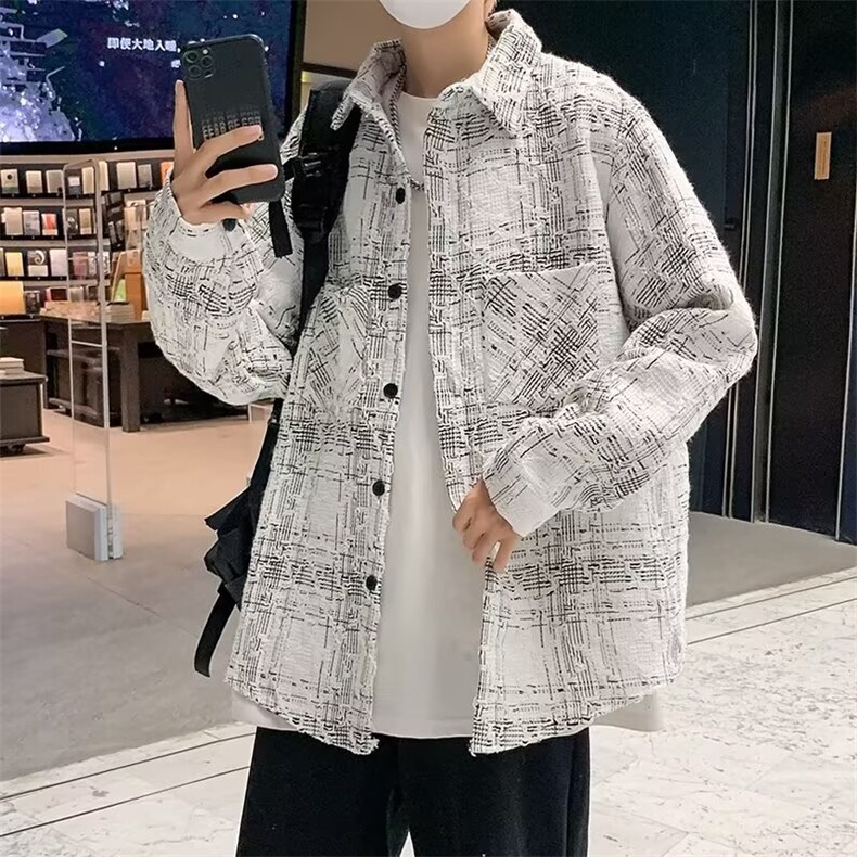 W1031-P45新款ins潮流小香风外套男设计感格子衬衫夹克原宿,男装衬衫,电商B323A