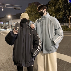 情侣装冬装港风条纹织带棉服棉衣休闲加厚外套男女G1107P118，男装棉衣，电商A339