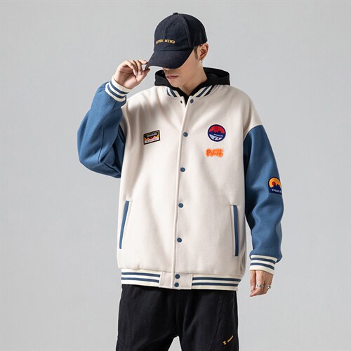 2023春季新款拼接呢料大码休闲boy无影墙贴布标棒球服J6720-P85，男装夹克，电商A082