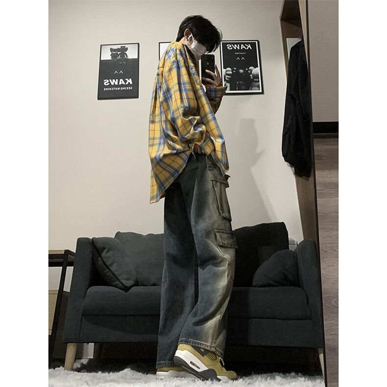 B221美式ins高街重工艺宽松做旧工装牛仔裤子LK23143-P80控108,男装牛仔裤,电商B221