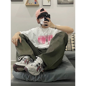 抖音得物供货210克现货宽松纯棉美式潮牌印花落肩袖纯棉T恤AT2178
