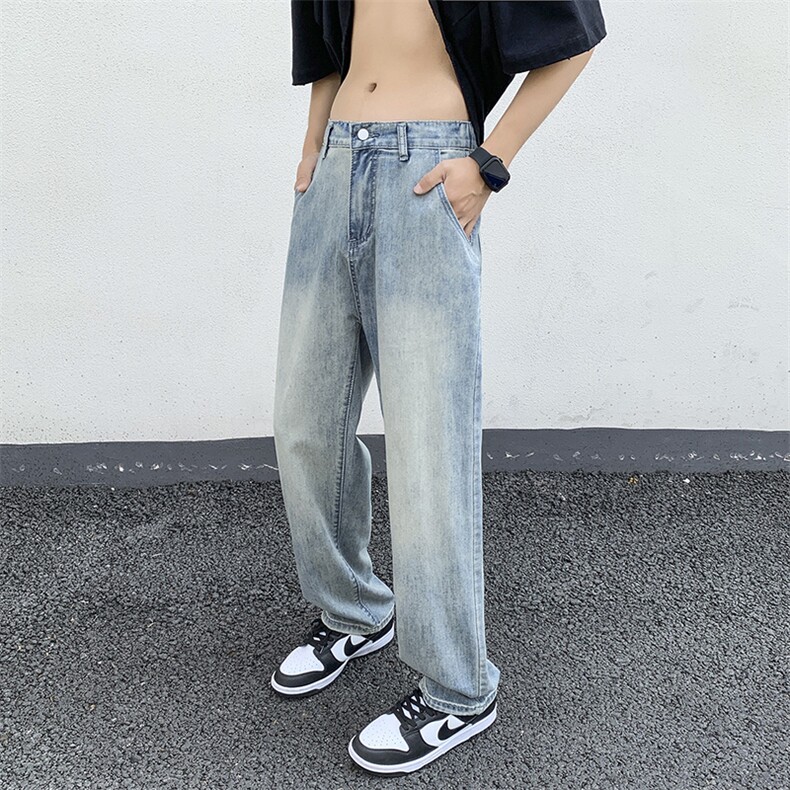 wassuphappy冰丝牛仔裤男夏季薄款潮流美式阔腿运动裤休闲长裤子,男装牛仔裤,电商D325