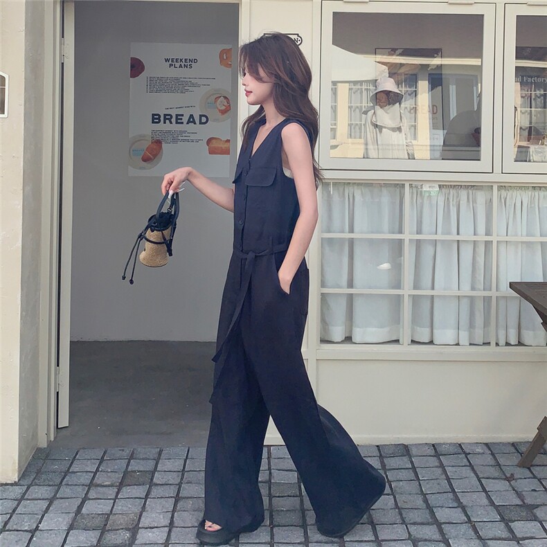 老钱风复古休闲无袖连体裤女夏新款高级感气质显瘦轻薄牛仔阔腿裤,女装套装/套裙,2C057