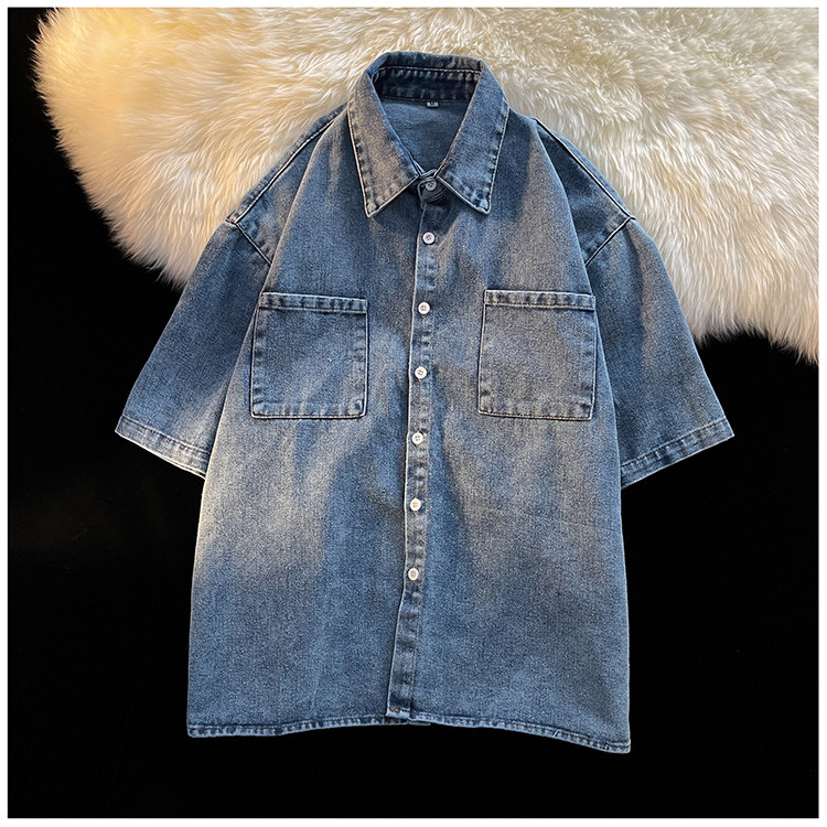 牛仔短袖衬衫男宽松夏季薄ins潮港风休闲痞帅衬衣外套C13533-p40，男装衬衫，星座1008