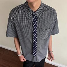 蓝色格纹假领带衬衫男女夏短袖美式衬衣情侣外套513DC1796P35，男装T恤，星座513