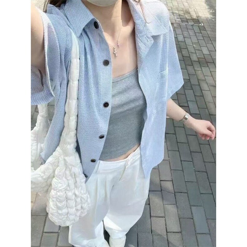 通勤穿搭衬衣女款2025新款正肩蓝色条纹短袖衬衫CA312,男装T恤,星座1116A（原606A-3）