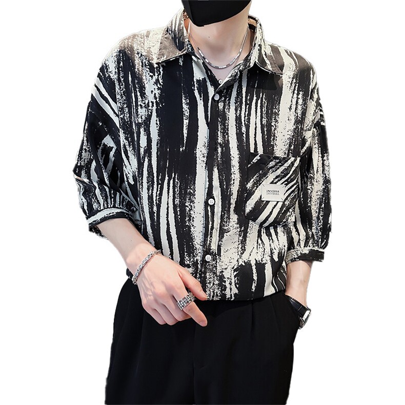 社会小伙2025春季新品衬衫男士七分袖水墨扎染衬衫潮901-C20P58,男装衬衫,星座901