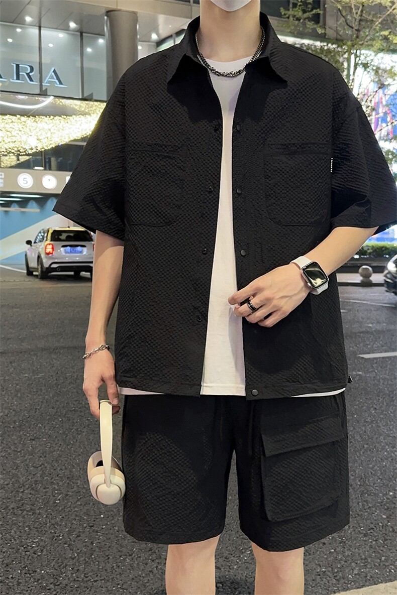 夏季薄款冰丝短袖衬衫情侣短袖短裤两件套装A455P65,男装衬衫,电商A309