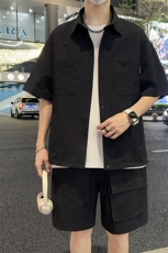 夏季薄款冰丝短袖衬衫情侣短袖短裤两件套装A455P65，男装衬衫，电商A309