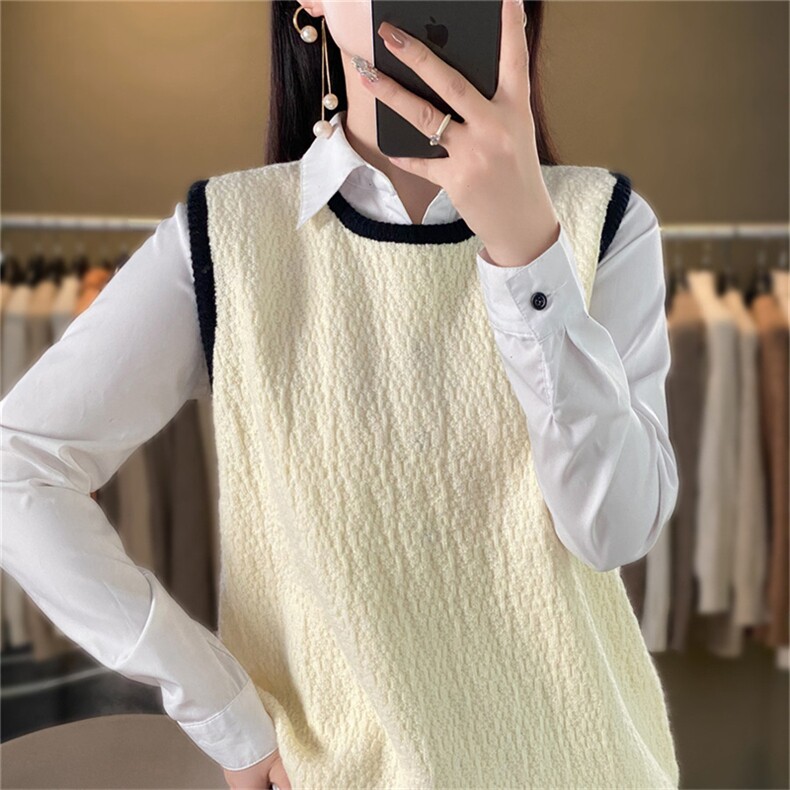 店主！韩系圆领撞色树皮褶针织套头衫女秋休闲叠穿无袖小背心,女装马甲,暖姿羊绒