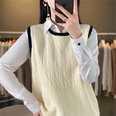店主！韩系圆领撞色树皮褶针织套头衫女秋休闲叠穿无袖小背心，女装马甲，暖姿羊绒